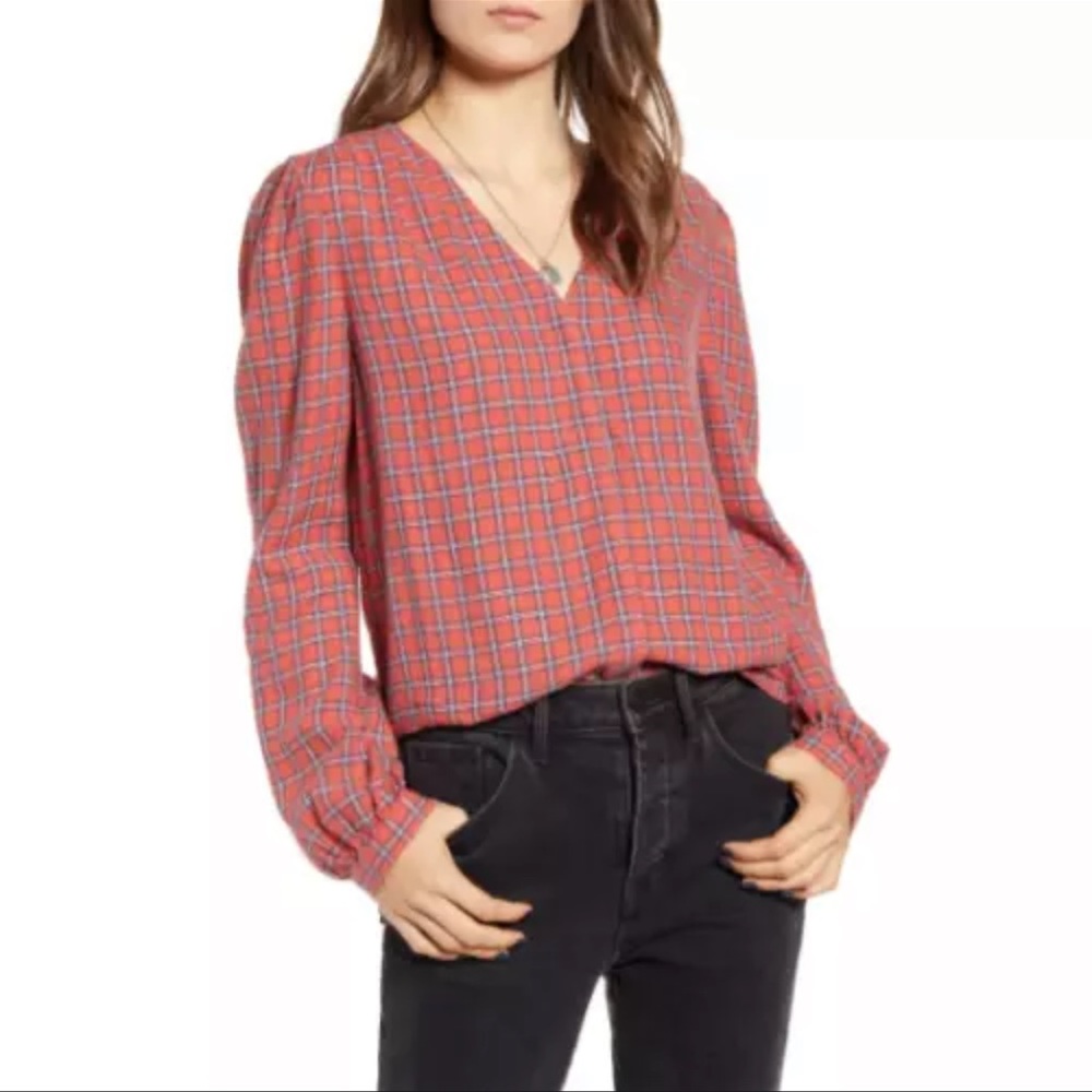 Treasure & Bond Red Plaid Button-Down Blouse Size Small